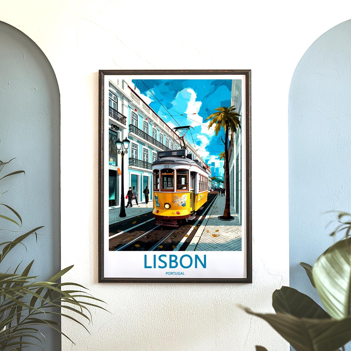 Lisbon Yellow Tram 1123 With Palm Trees and Pedestrians Poster - Image 3