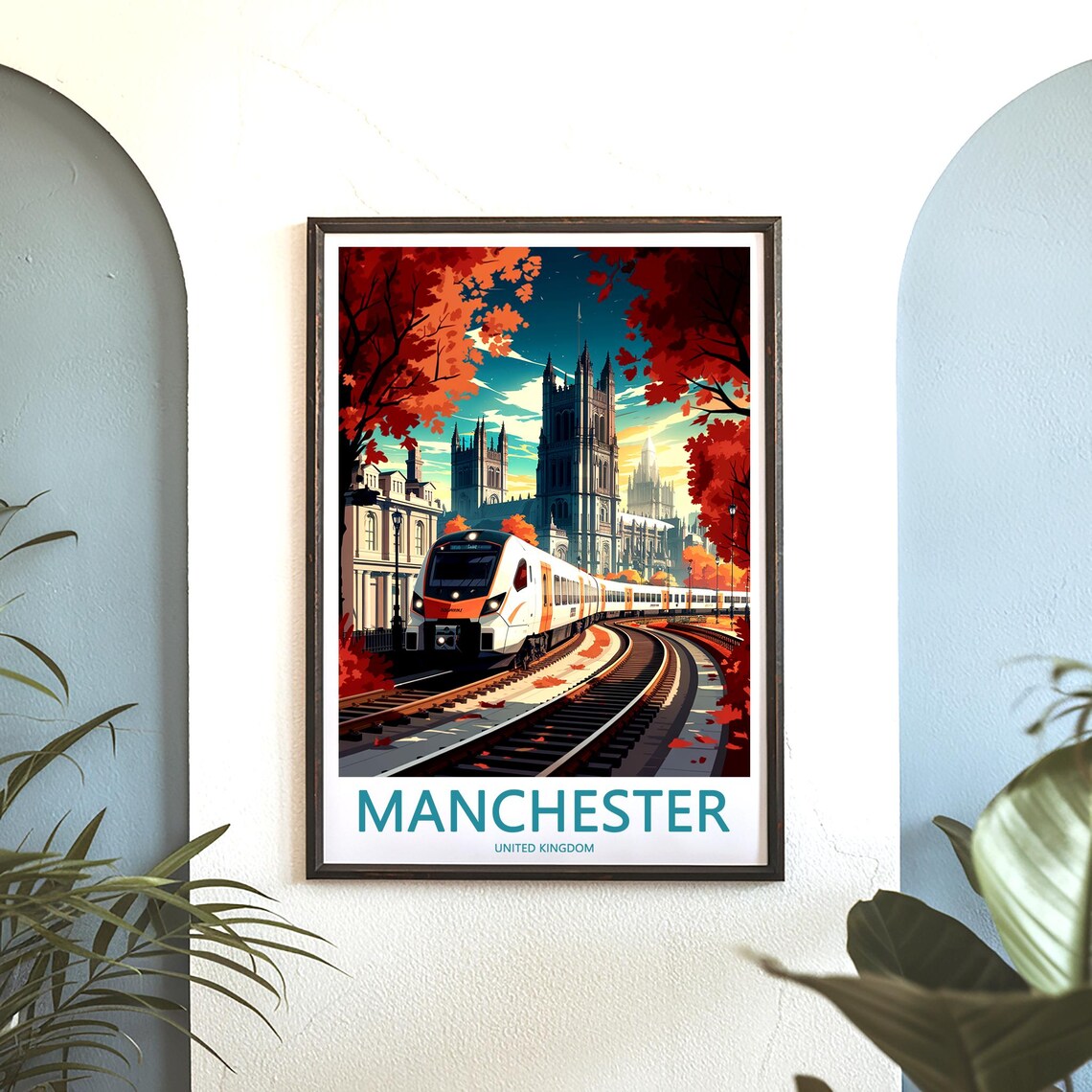 Manchester United Kingdom Autumn Train Before Gothic Cathedral Poster - Image 3