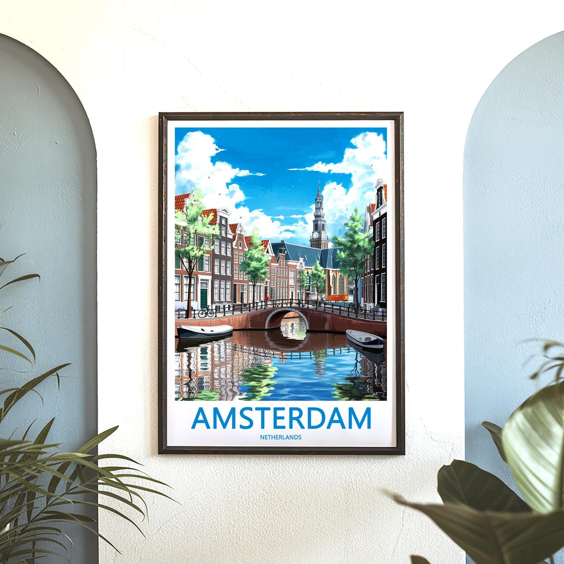 Amsterdam Sunny Day Canal Bridge and Boats Netherlands Art Poster - Image 3