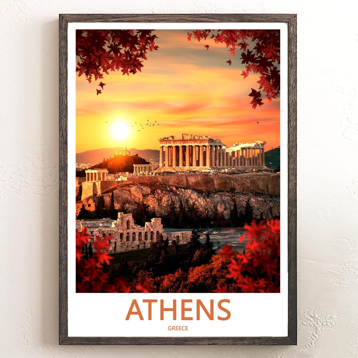Athens Acropolis Sunset Through Red Autumn Leaves Photo Poster