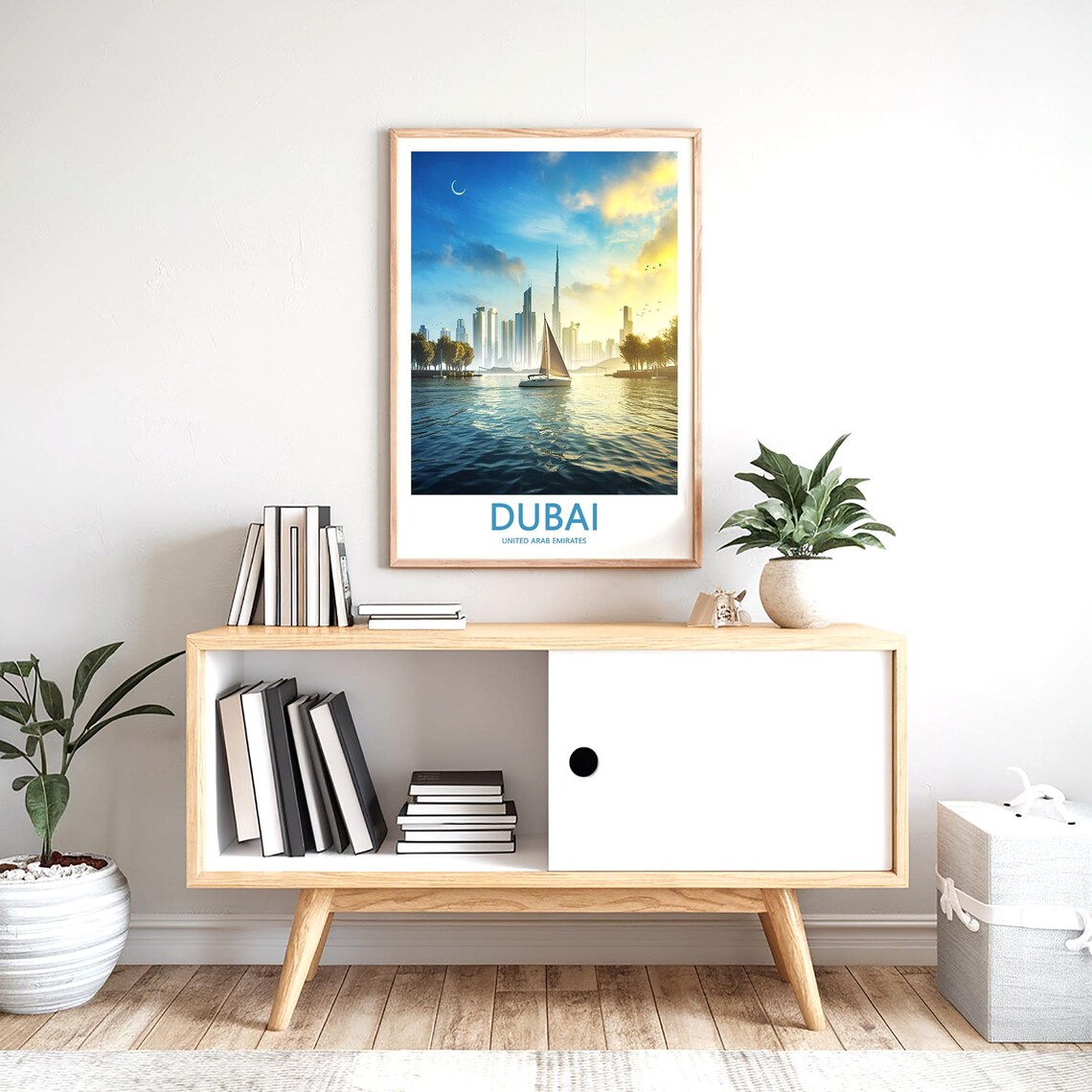Dubai Marina Golden Sunset Sailboat with Crescent Moon Travel Poster - Image 2