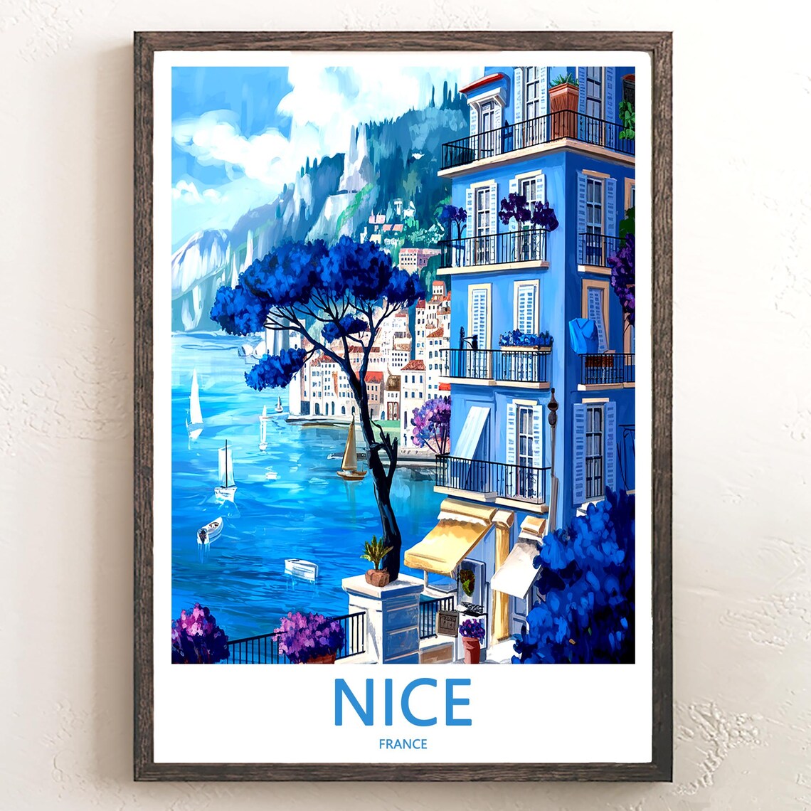 Nice France Umbrella Pine Harbor Sailboats Travel Art Poster