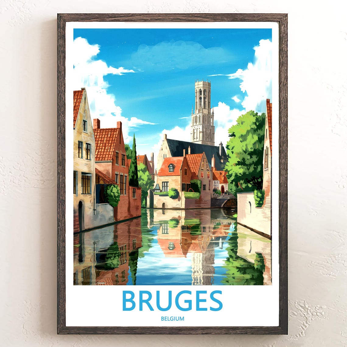 Bruges Belgium Anime Canal With Old Town Tower Blue Sky Poster