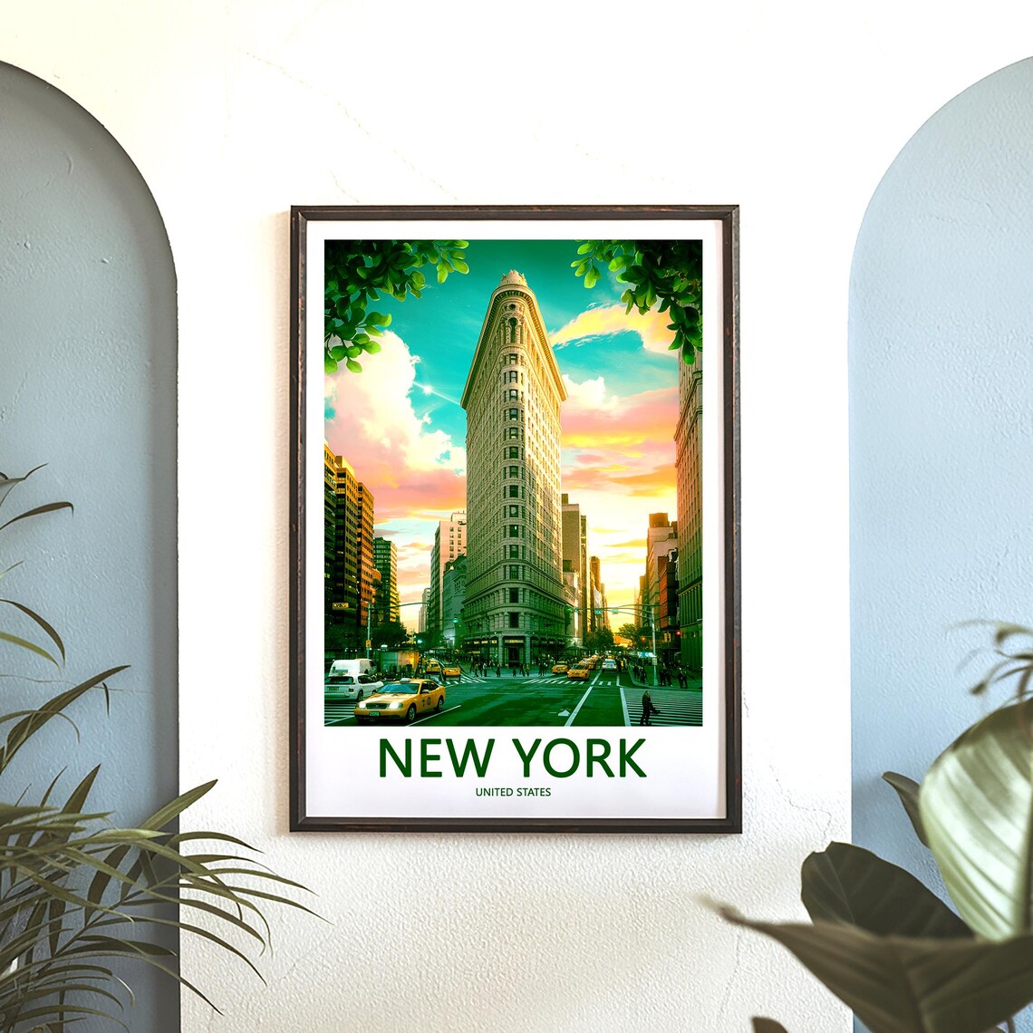 New York Flatiron Building Sunset Taxis Street Travel Poster - Image 3