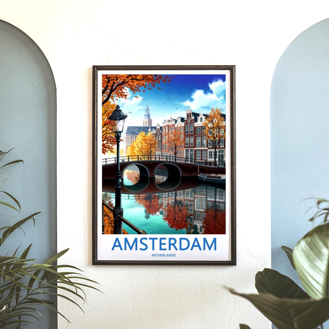 Amsterdam Autumn Canal Bridge with Street Lamp Art Travel Poster - Image 3