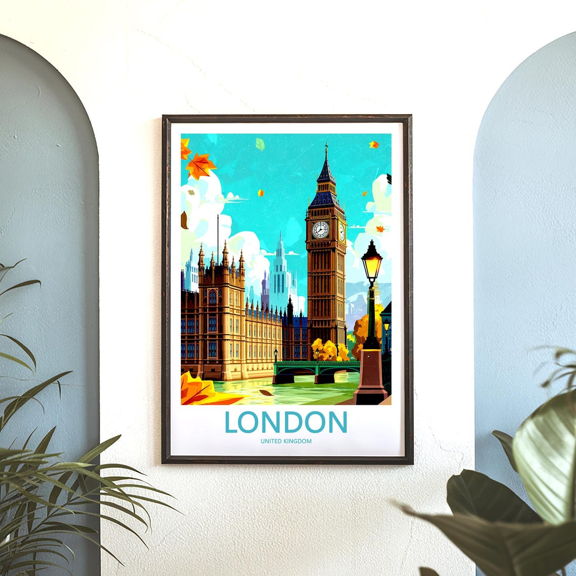 Big Ben Lamppost Riverside Autumn Evening Illustration Poster - Image 3
