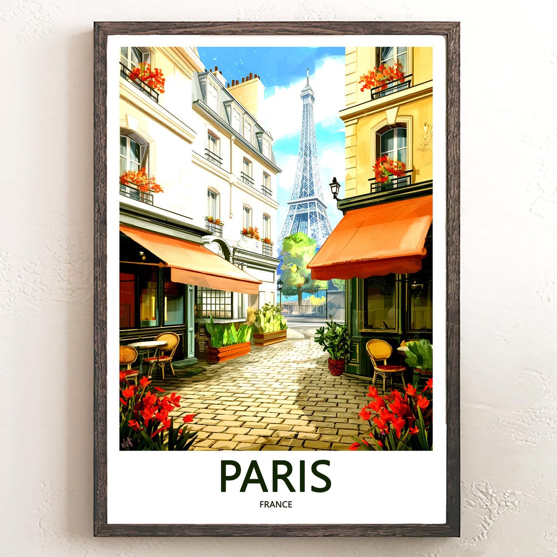 Eiffel Tower Cobblestone Lane Orange Awnings Cafe Paris France Poster