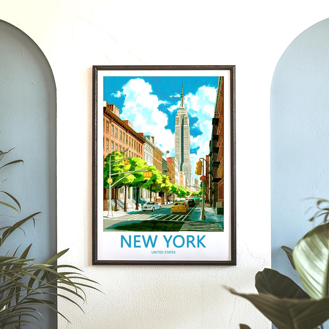 Empire State Building Over a Classic Brownstone Street Scene Poster - Image 3