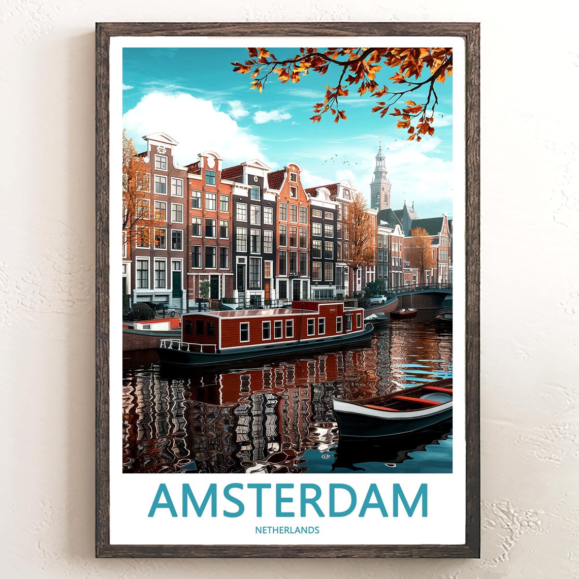 Amsterdam Autumn Canal with Houseboats and Red Trees Art Poster