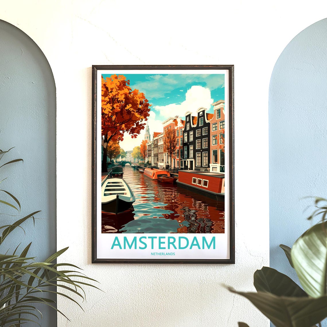 Amsterdam Canal Autumn Houseboat Reflections Illustrated Poster - Image 3