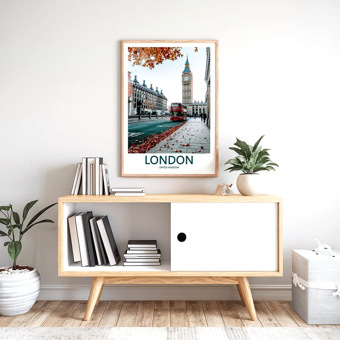 Big Ben Red Double Decker Bus Autumn Leaves Street Photo Poster - Image 2