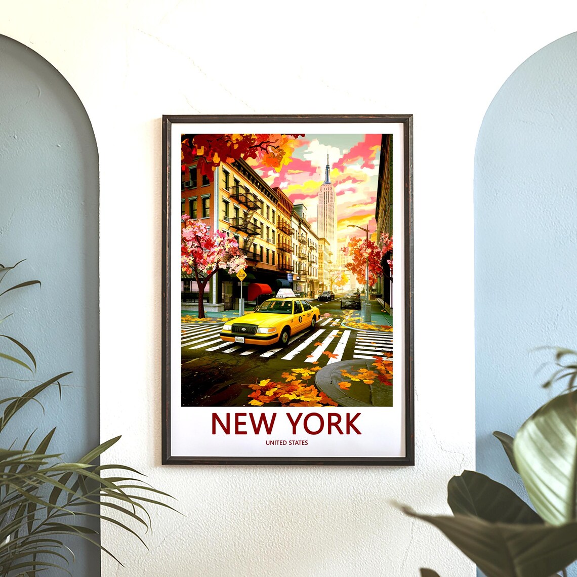 New York Autumn Street Yellow Taxi Fall Leaves Empire State Poster - Image 3