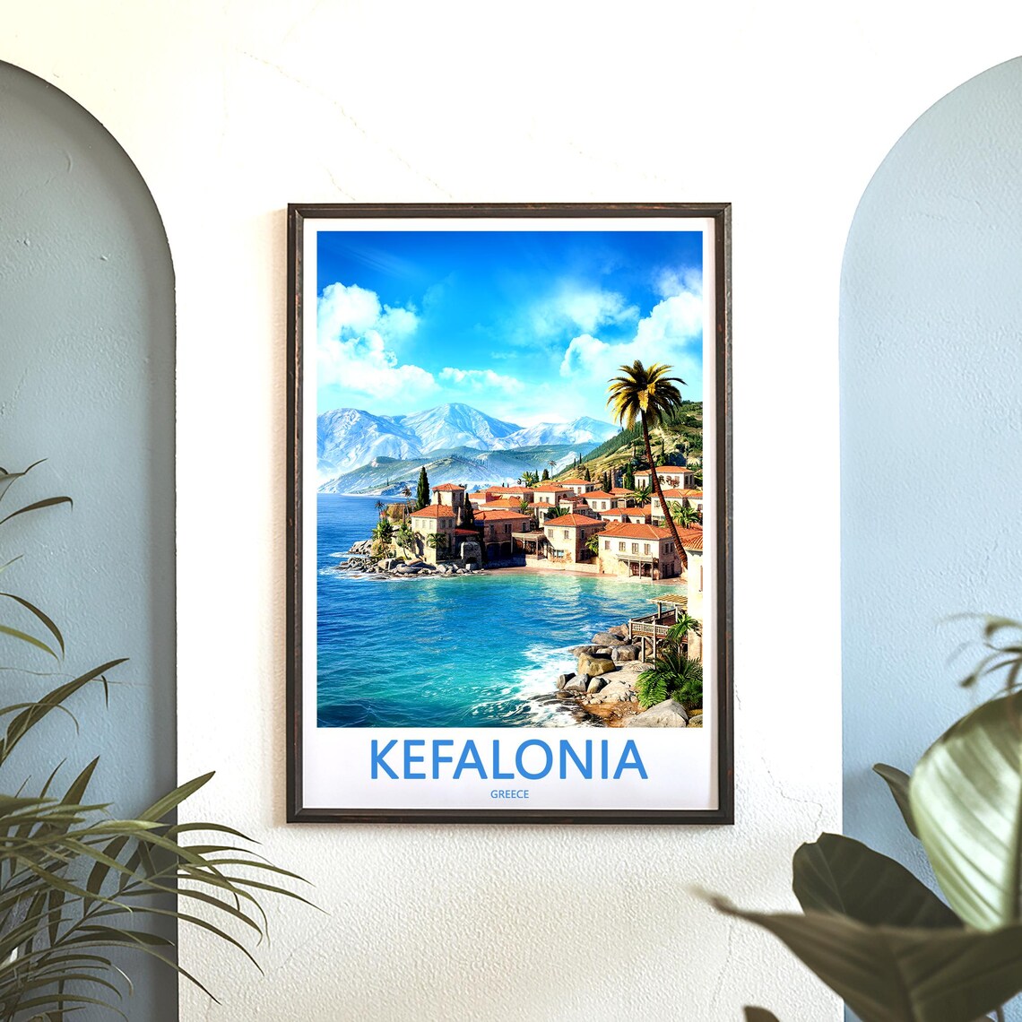Kefalonia Greece Coastal Town Palm Trees Rocky Shore Photo Poster - Image 3