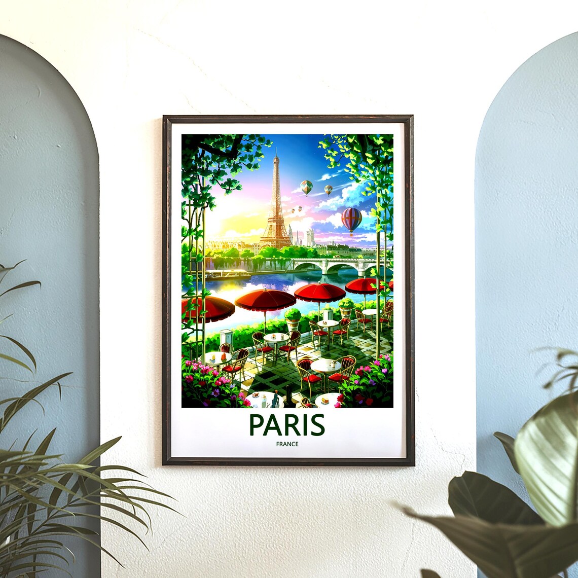 Eiffel Tower Cafe Terrace Red Umbrellas Balloons Paris France Poster - Image 3