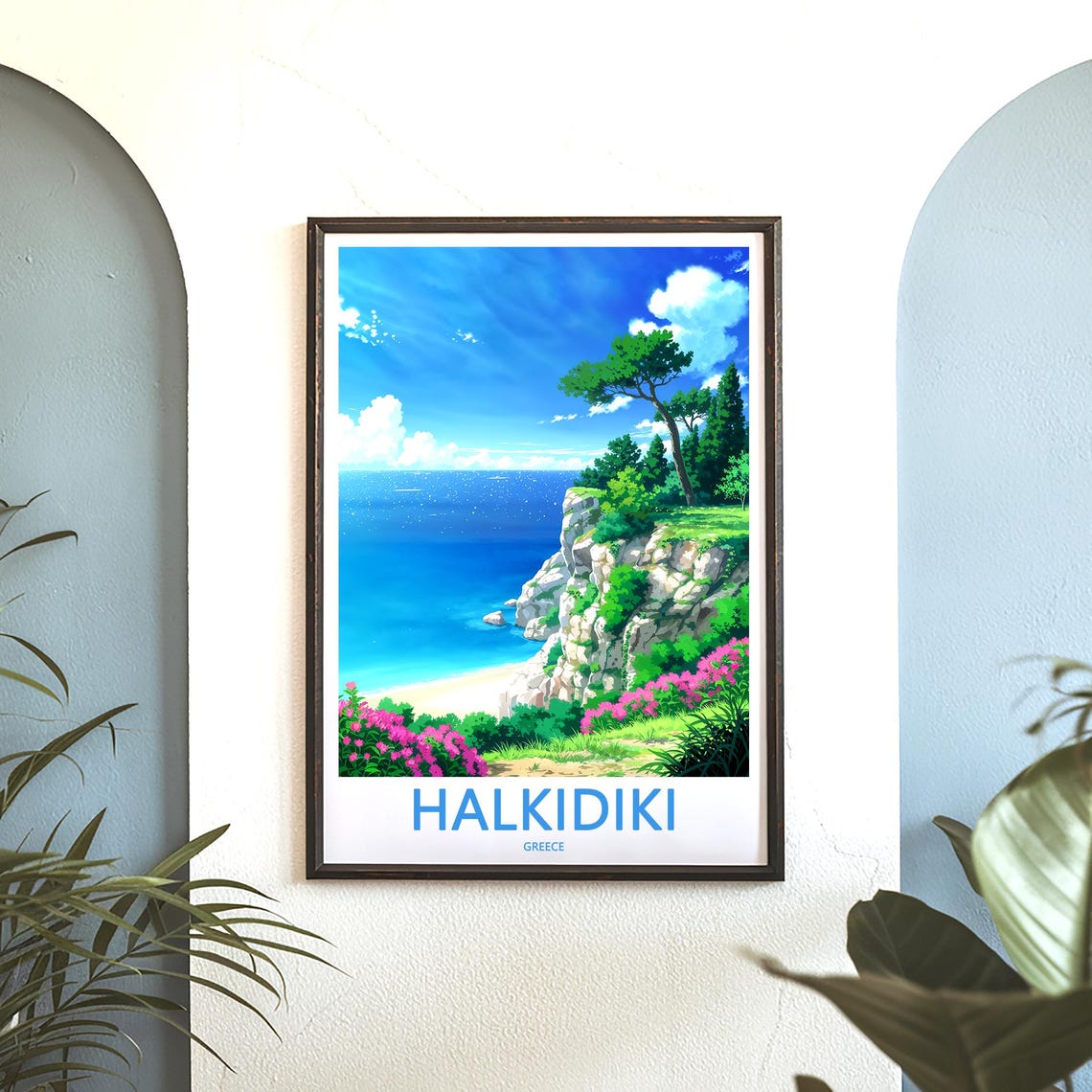 Halkidiki Greece Anime Style Pine Tree Cliff Over Turquoise Sea Poster - Image 3