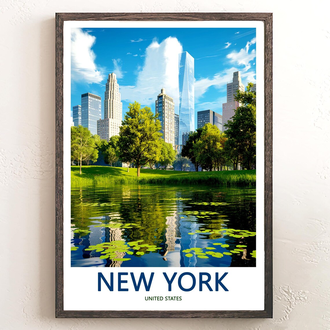 New York One World Trade Center Park Pond Blue Sky Travel Poster