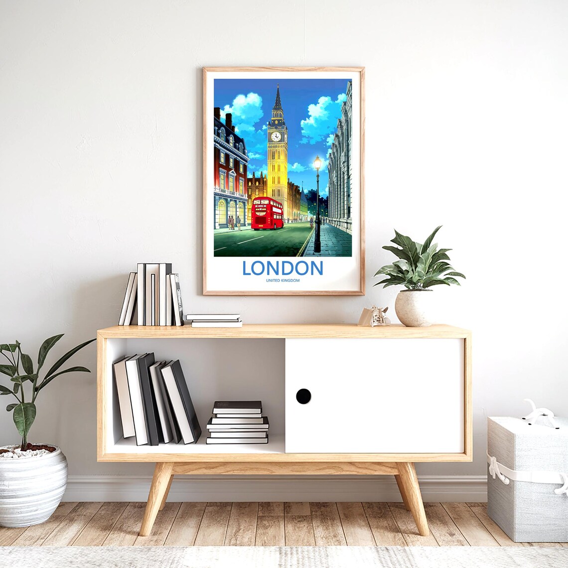 Big Ben Evening Street Scene with Red Bus and Lamppost Poster - Image 2