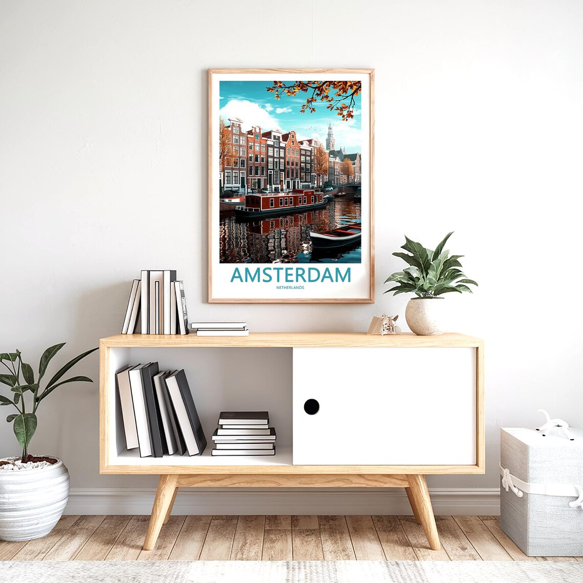 Amsterdam Autumn Canal with Houseboats and Red Trees Art Poster - Image 2