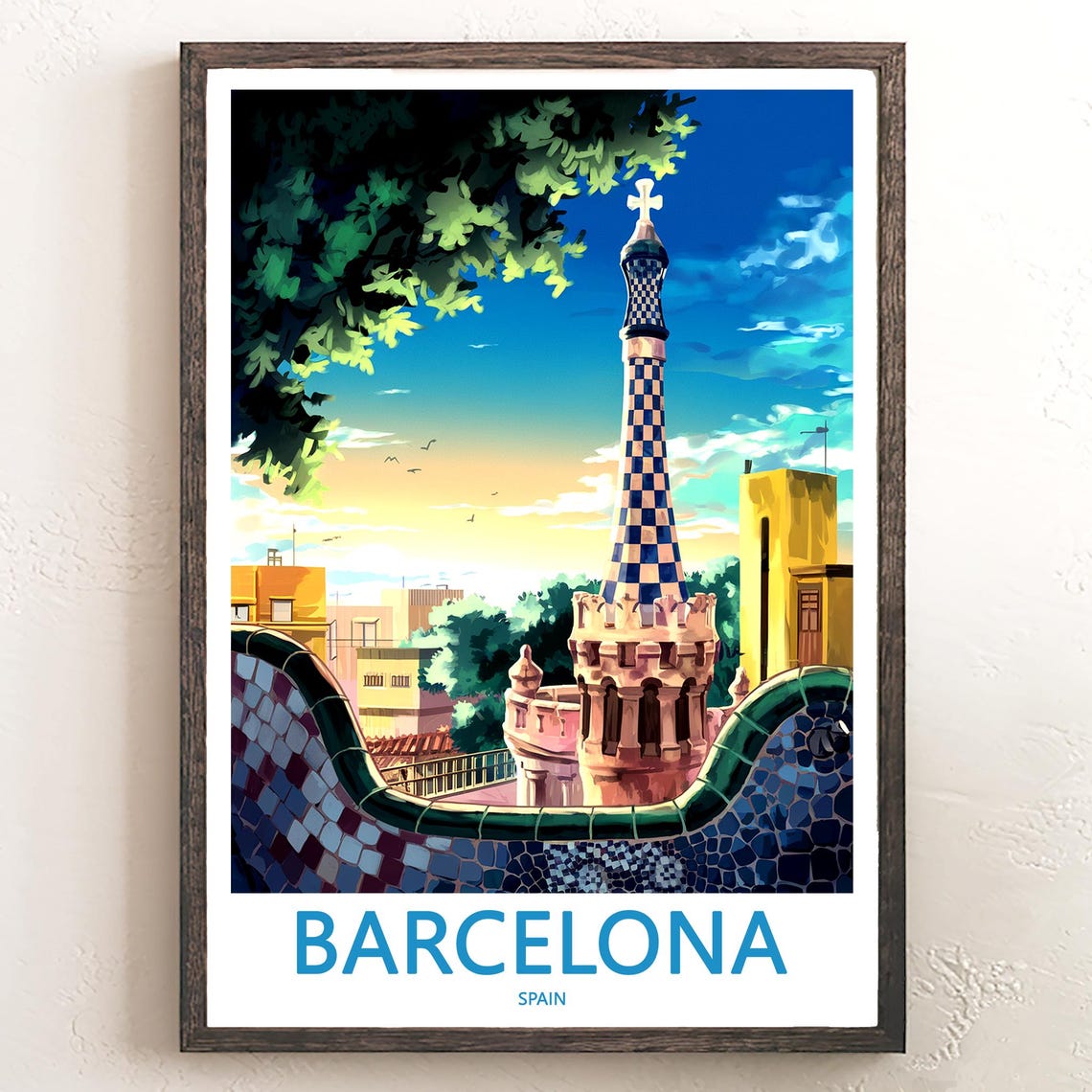 Barcelona Park Güell Checkered Tower Sunset Anime Scene Poster