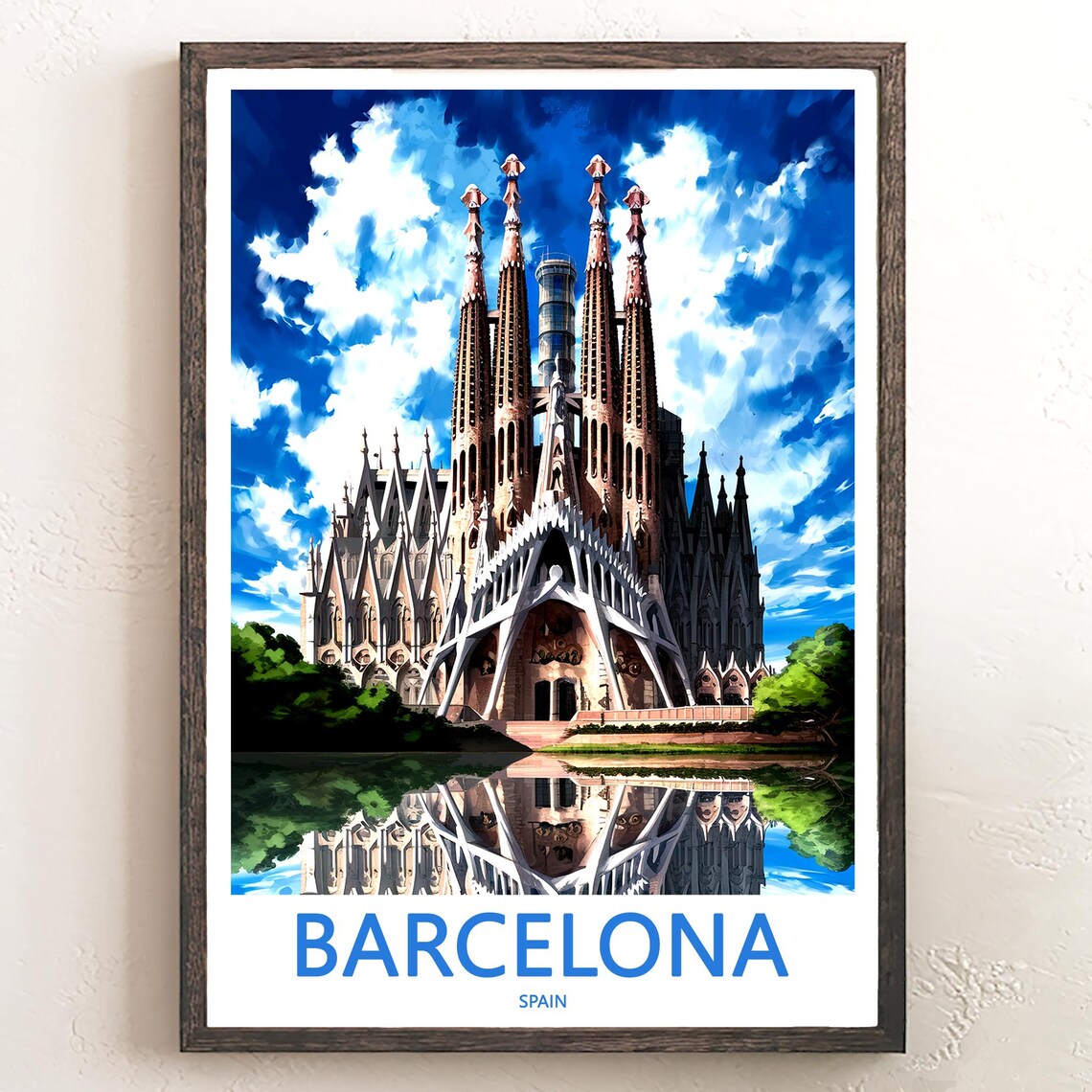 Barcelona Sagrada Familia Water Reflection Deep Blue Sky Travel Poster
