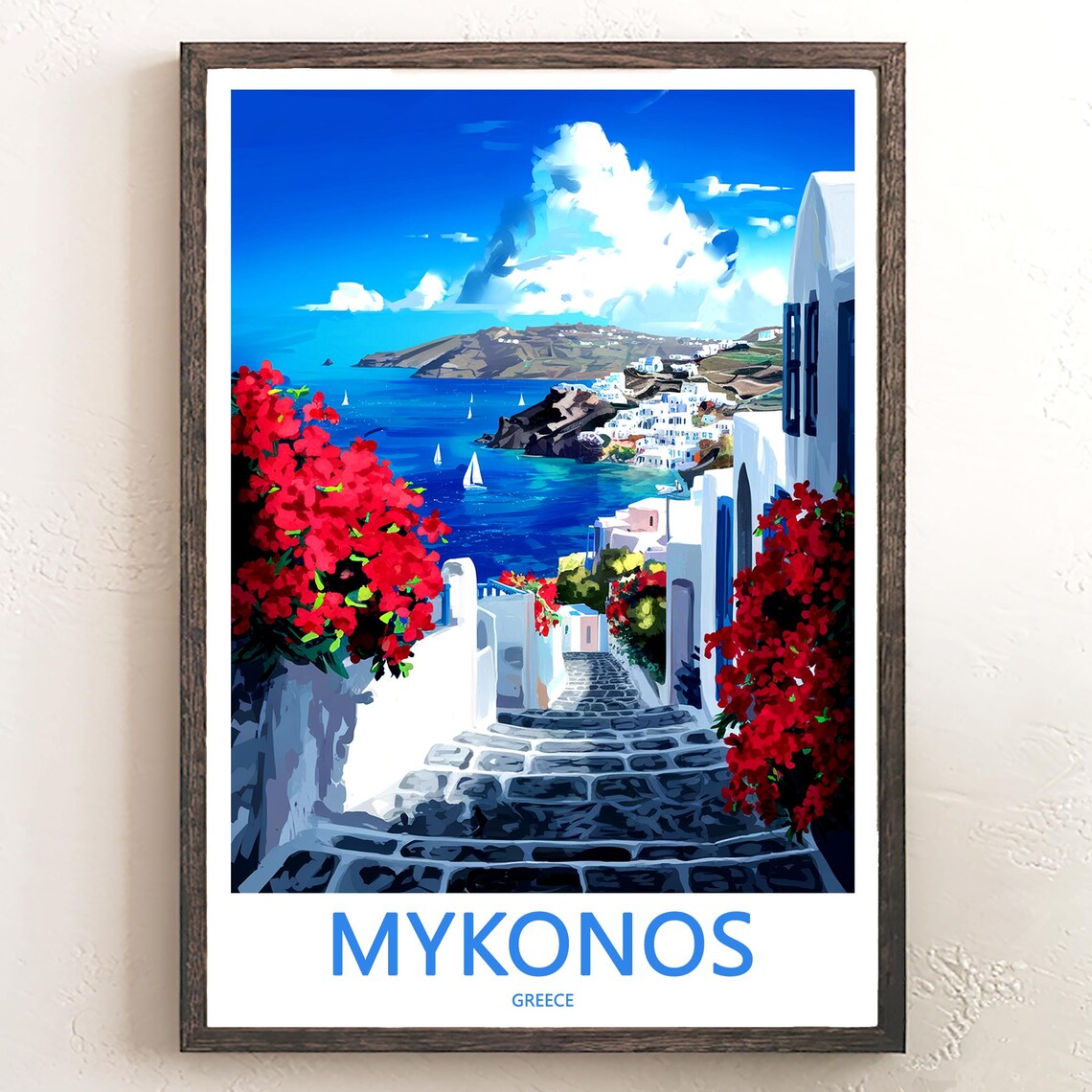 Mykonos Wide Steps Harbor Boats White Town Greece Art Poster