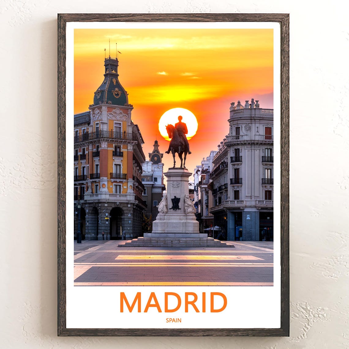 Madrid Equestrian Statue Glowing Orange Sunset Silhouette Poster