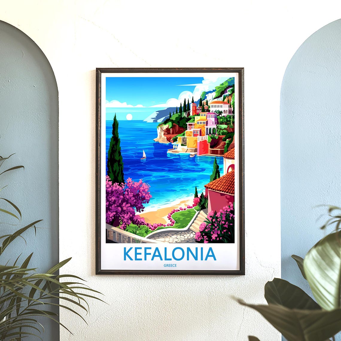 Kefalonia Greece Colorful Cliff Village Moonlight Bay Poster - Image 3