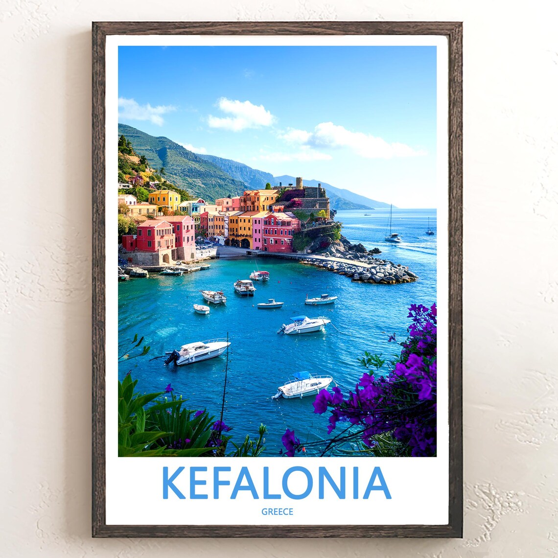 Kefalonia Greece Sunny Bay Boats Colorful Harbor Town Photo Poster