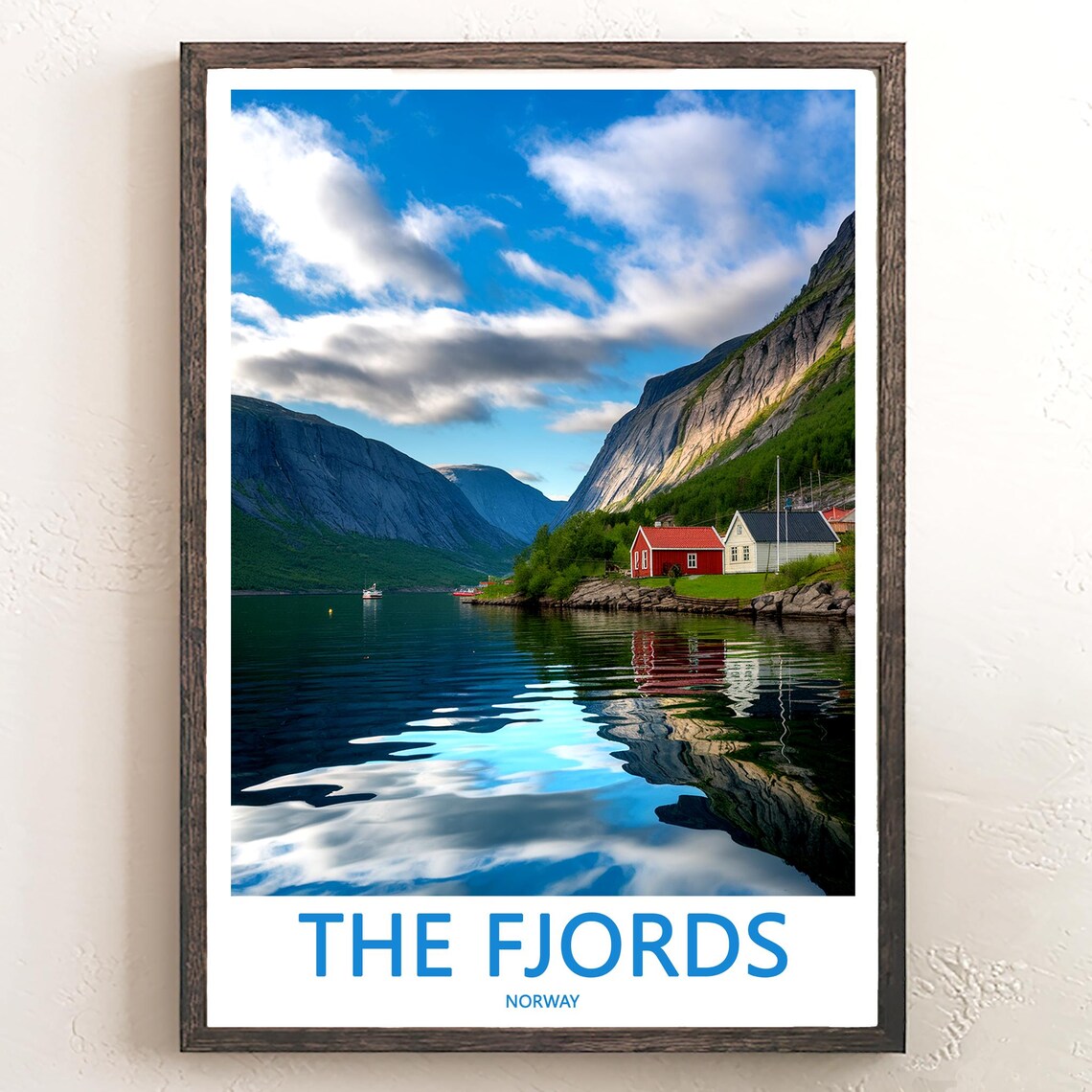 Norwegian Fjords Lakeside Village With Red Cabins Norway Travel Poster