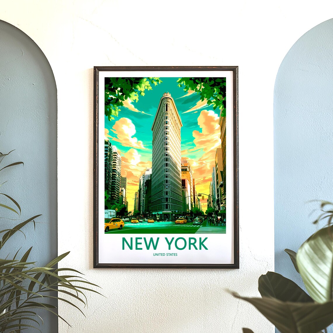 New York Flatiron Building Sunset Skyline Teal Sky Travel Poster - Image 3