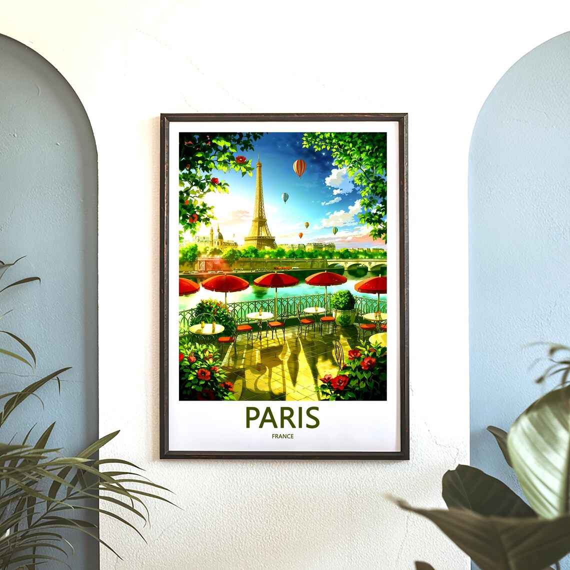 Eiffel Tower Cafe Terrace Roses Hot Air Balloons Paris France Poster - Image 3