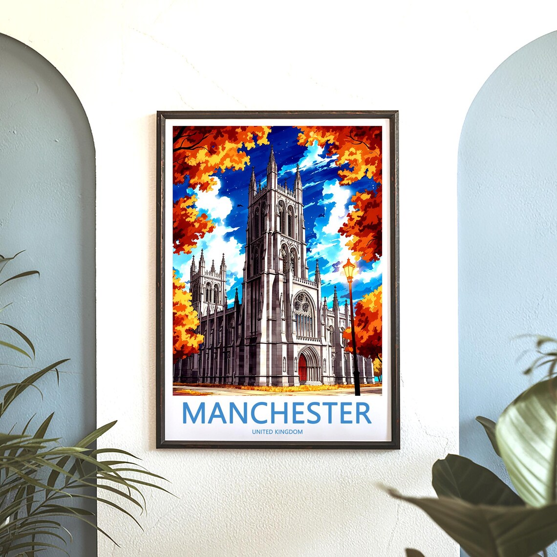 Manchester Cathedral Autumn Night Starry Sky Illustrated Travel Poster - Image 3