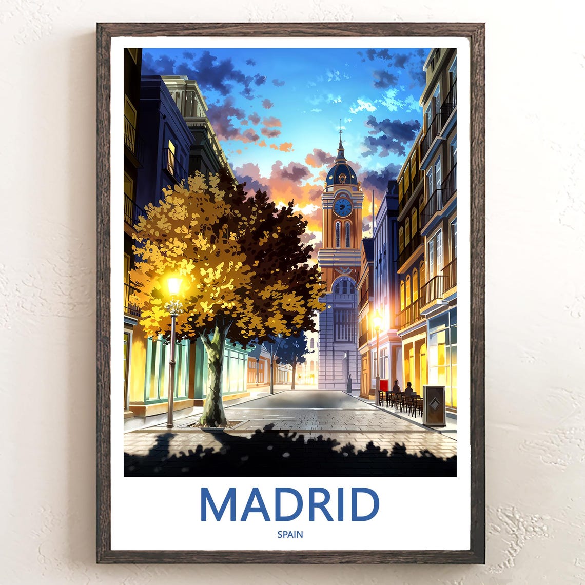Madrid Old Town Clock Tower Golden Sunset Street Scene Poster
