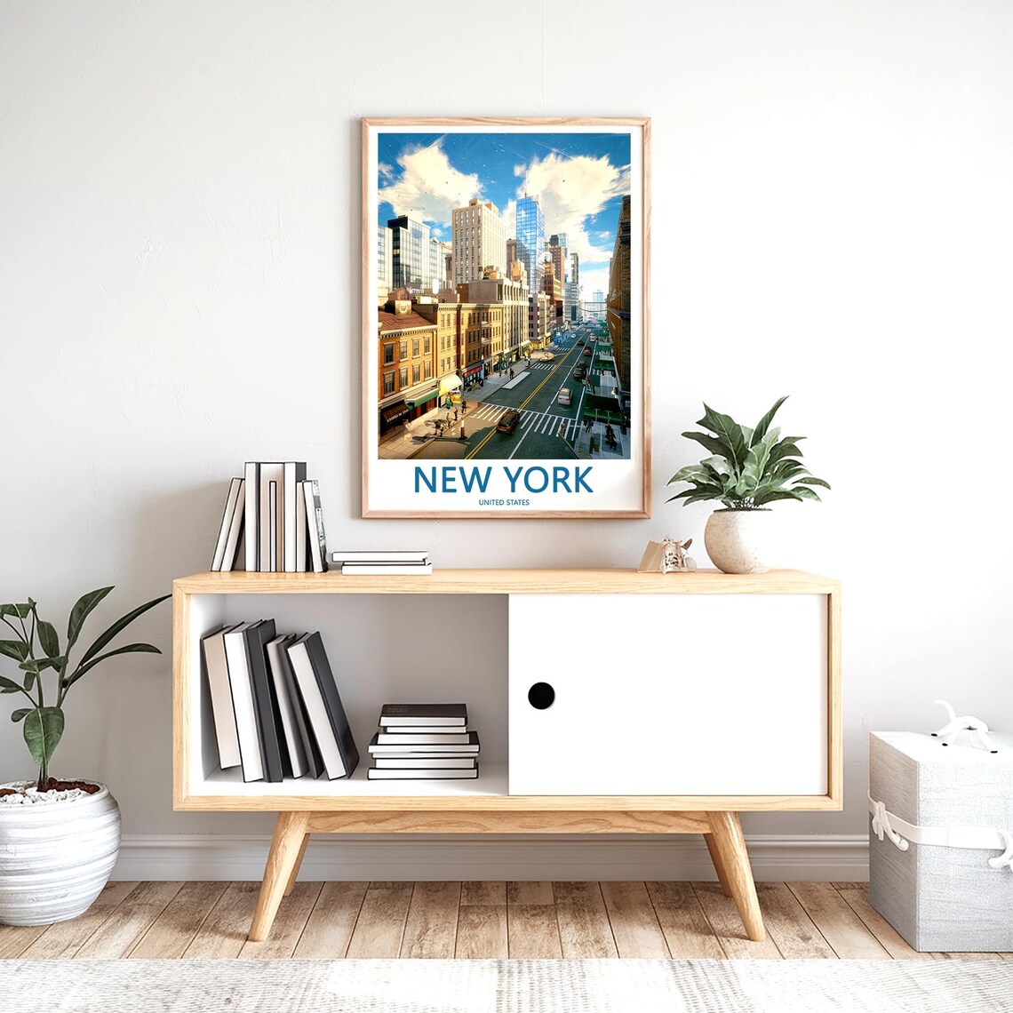 Busy New York Street with Brownstones and Skyscrapers Poster - Image 2