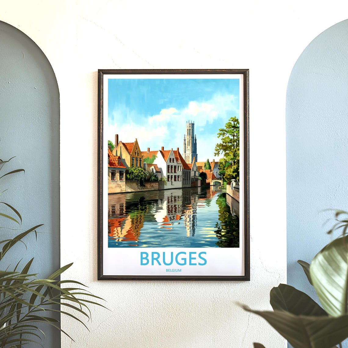 Bruges Belgium Canal Slender Tower Blue Sky Reflection Poster - Image 3