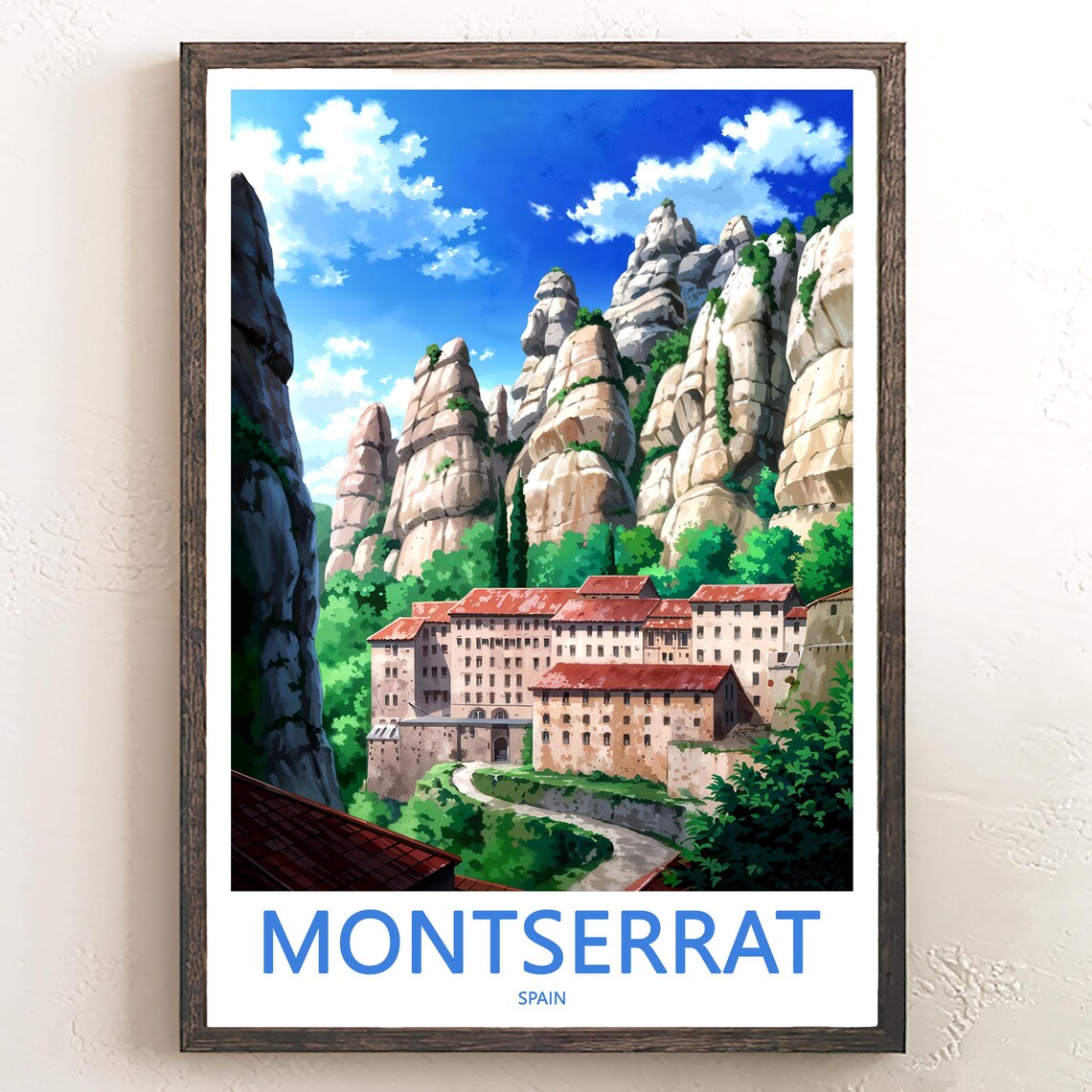 Montserrat Monastery in Rocky Valley Illustration Travel Poster