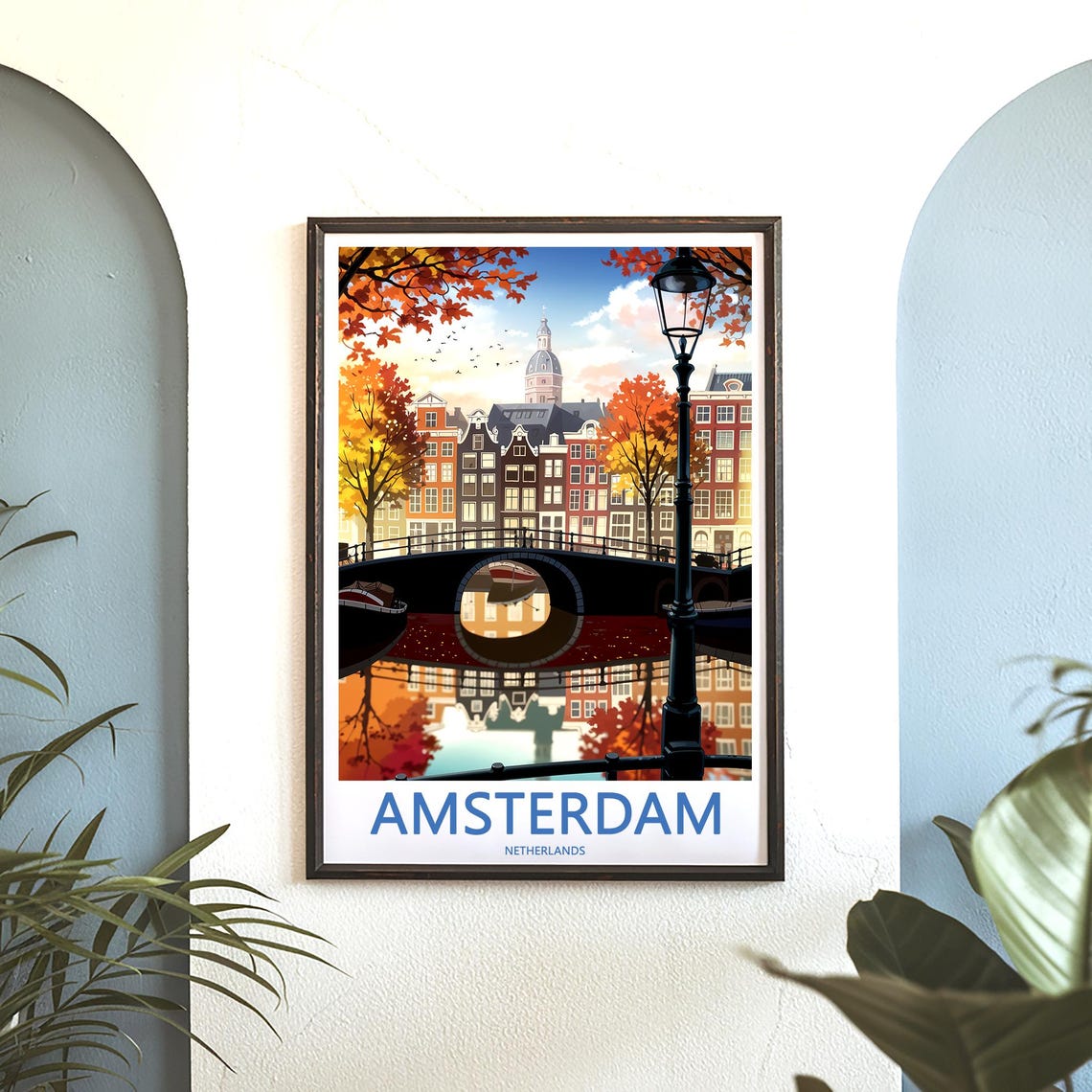 Amsterdam Canal Bridge Street Lamp Autumn Reflection Art Poster - Image 3