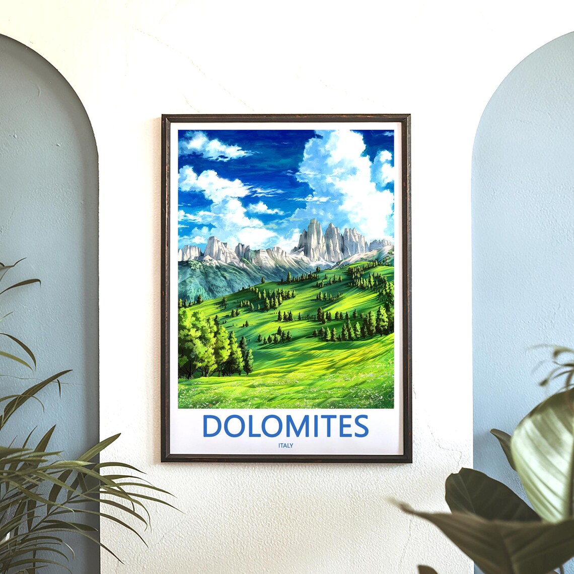 Dolomites Green Alpine Valley with Cabins Italy Travel Poster - Image 3