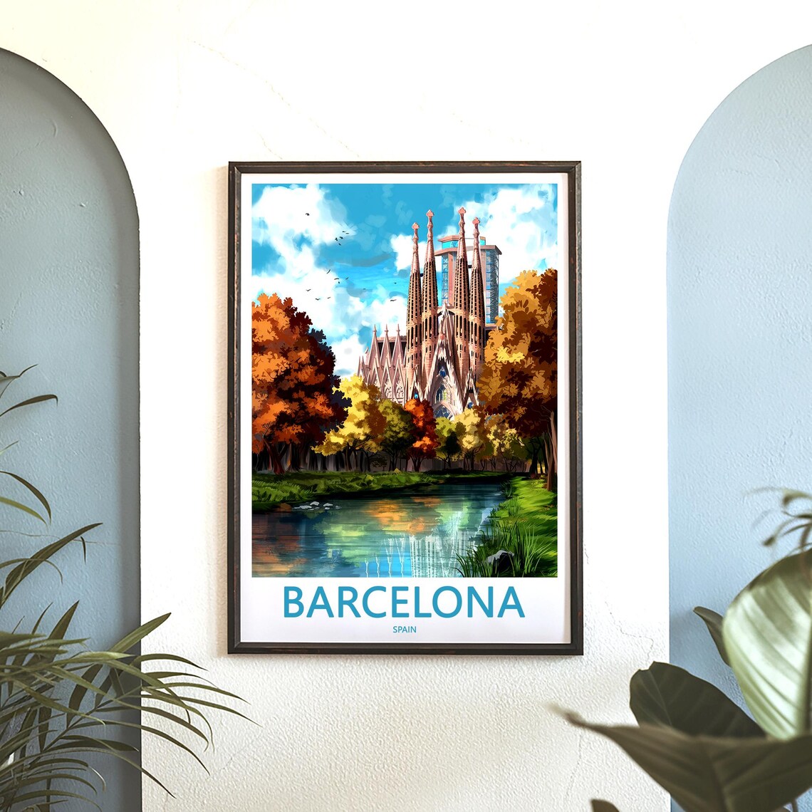 Barcelona Sagrada Família Painted River Autumn Scene Art Poster - Image 3