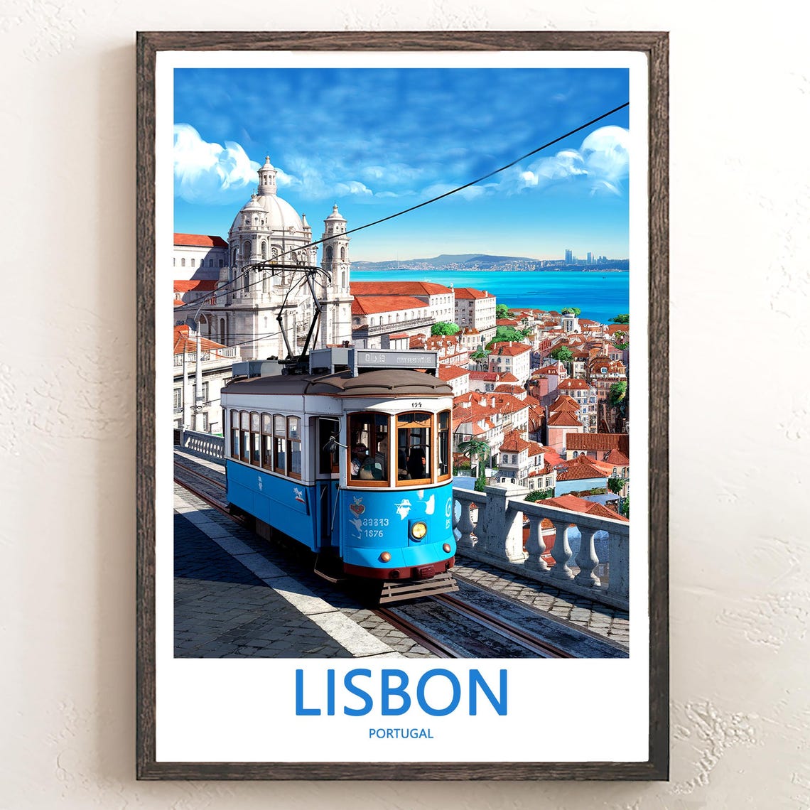 Lisbon Blue Tram 123 Overlooking the Tagus River Hills Poster