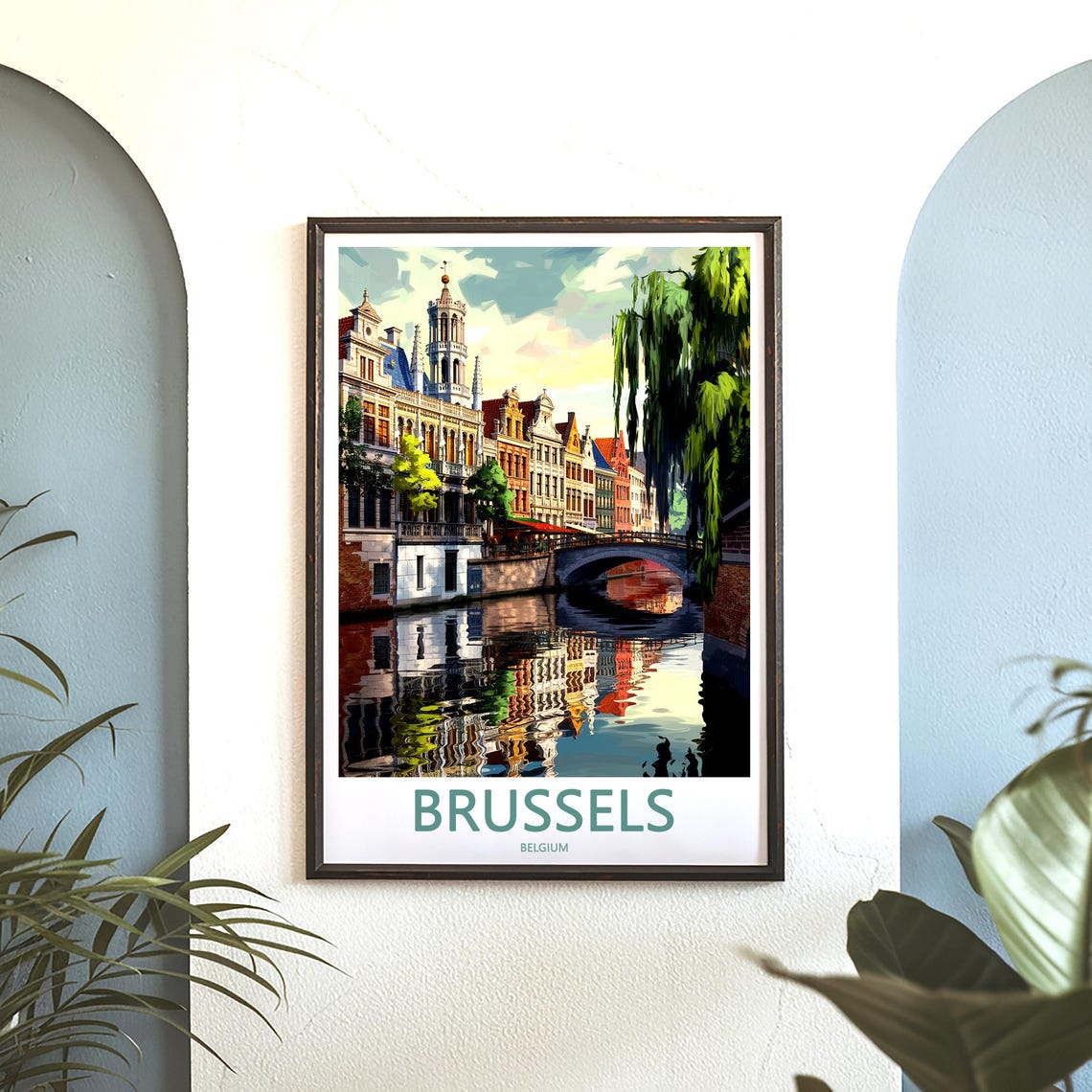 Brussels Canal Painted Guild Houses Reflection Vintage Art Poster - Image 3