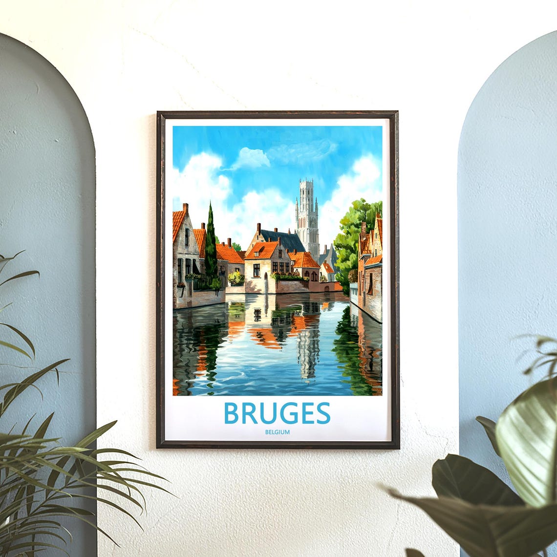 Bruges Belgium Canal Orange Rooftops and Cypress Tree Poster - Image 3