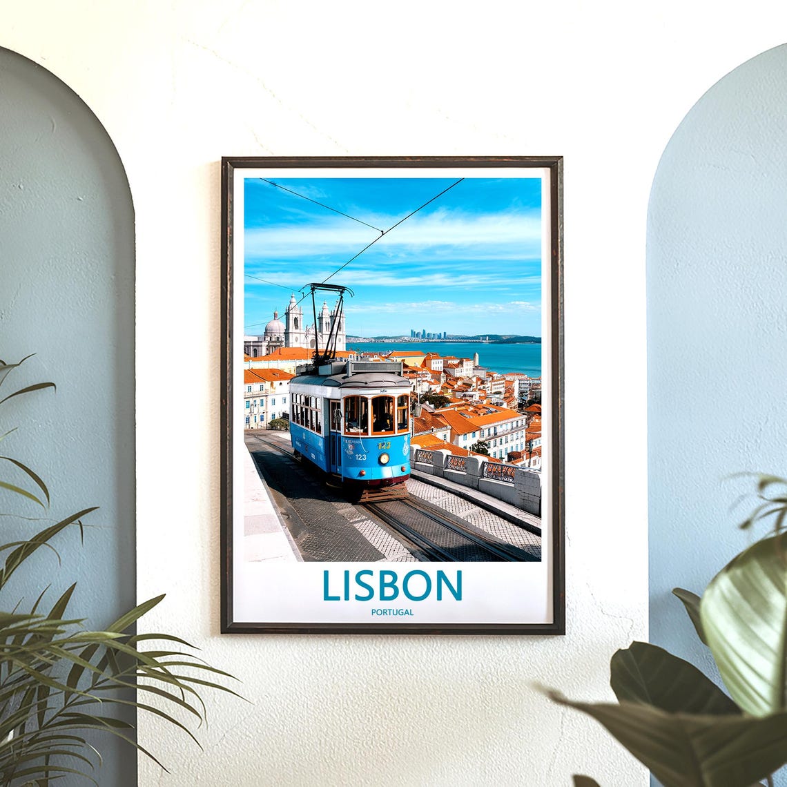Lisbon Blue Tram at Hilltop Viewpoint Over City and River Poster - Image 3