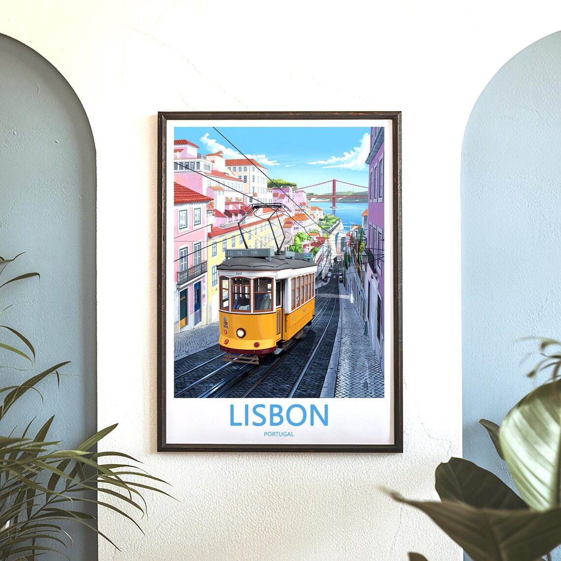 Lisbon Yellow Tram 561 Rolling Downhill Toward the Bridge Poster - Image 3