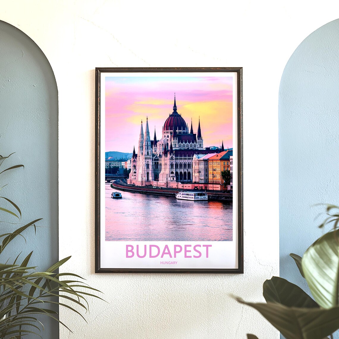 Budapest Hungary Parliament Rosy Sunset With Cruise Boats Poster - Image 3