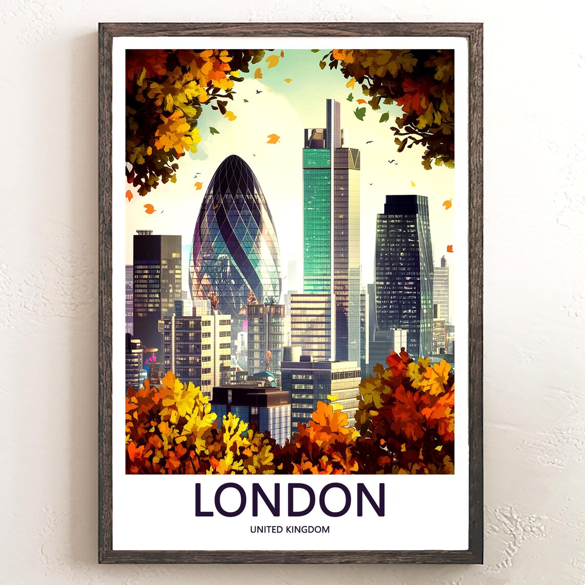 The Gherkin with Autumn Leaves in the City of London Skyline Poster