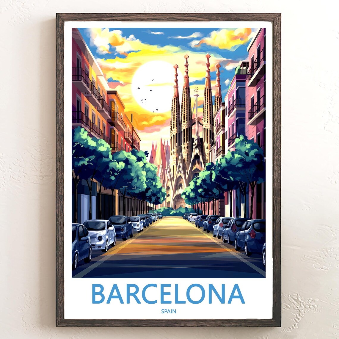 Barcelona Sagrada Familia Street Golden Sunset Birds Travel Poster