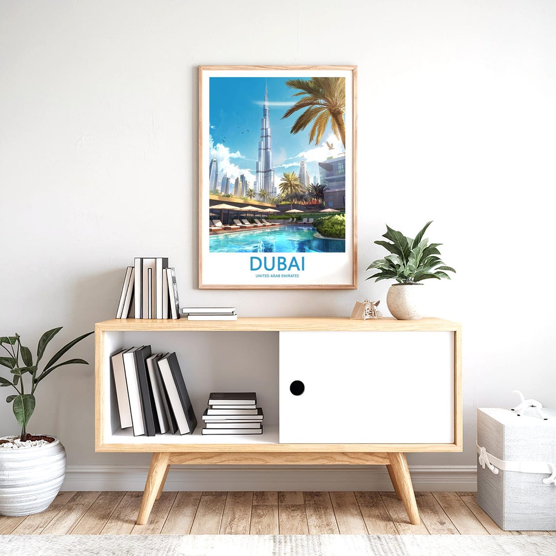 Dubai Burj Khalifa Infinity Pool Palm Trees Illustrated Poster - Image 2