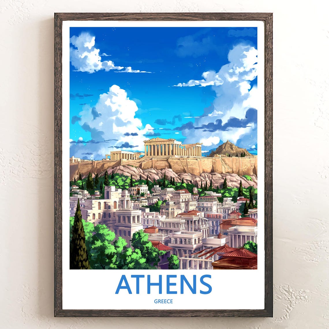 Athens Acropolis Anime Style Big Clouds Illustration Art Poster