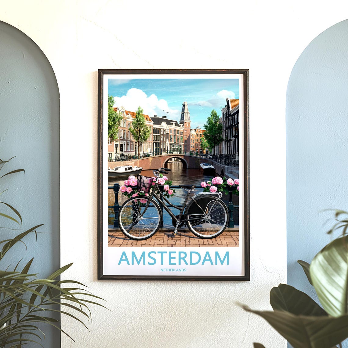 Amsterdam Bicycle Pink Roses Bridge Canal Illustrated Poster - Image 3
